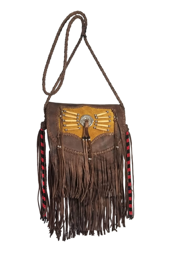 (image for) Native Sun Brass Beaded Fringe Leather Shoulder Bag